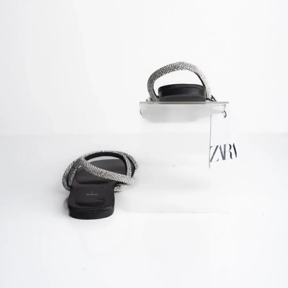 Zara Womens Black Strappy Rhinestone Slingback Flat Sandals Sz US 7.5 EU 38 - Picture 8 of 10